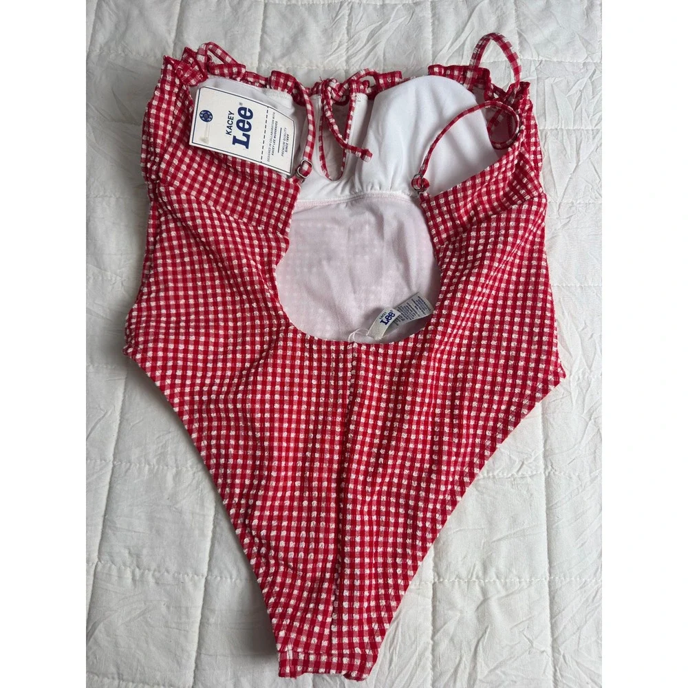 Cottagecore Kacey Musgraves Gingham Picnic One Piece Swimsuit Red White XL NWT